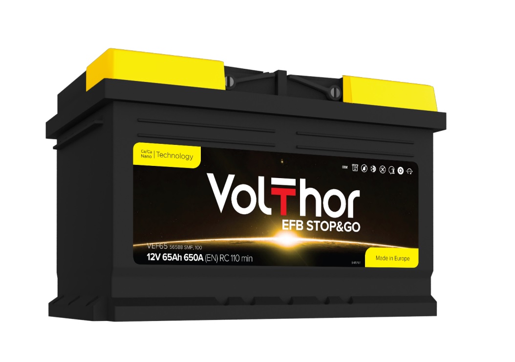 Акумулятор легковий VOLTHOR 6СТ-65(0) (650А) EFB STOP&GO 12B, 65Ah, 650A, плюс зправа (R+) EFB 278X175X175 мм